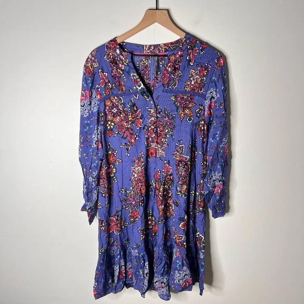 Anthropologie Diana Pintucked Blue Floral Tunic Dress size Small - Picture 2 of 7